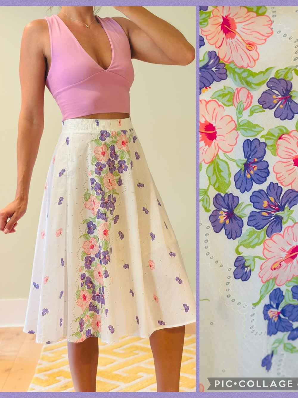 Vintage White Purple Pink Floral A-Line Midi Skirt